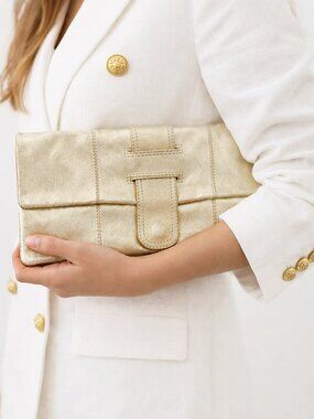 Arden B. Soft Leather Clutch Bag in Metallic Pale Gold | Made In India